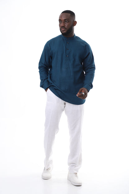 Deep Teal Linen Shirt and Crisp White Trousers