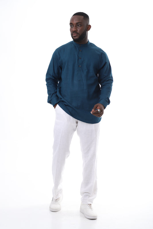 Deep Teal Linen Shirt and Crisp White Trousers