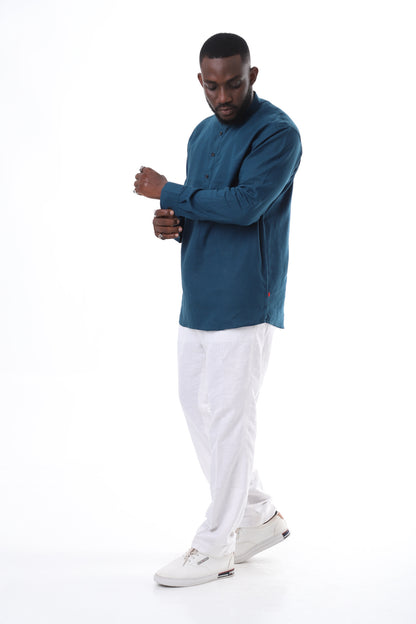 Deep Teal Linen Shirt and Crisp White Trousers