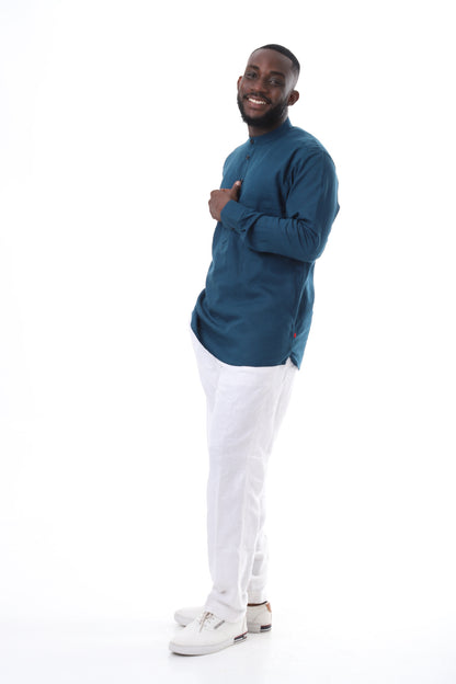 Deep Teal Linen Shirt and Crisp White Trousers