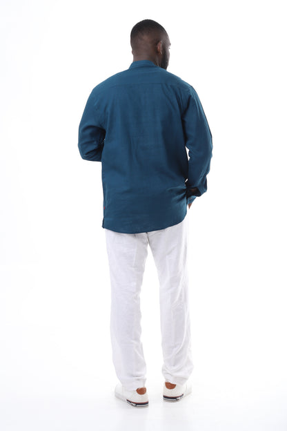 Deep Teal Linen Shirt and Crisp White Trousers