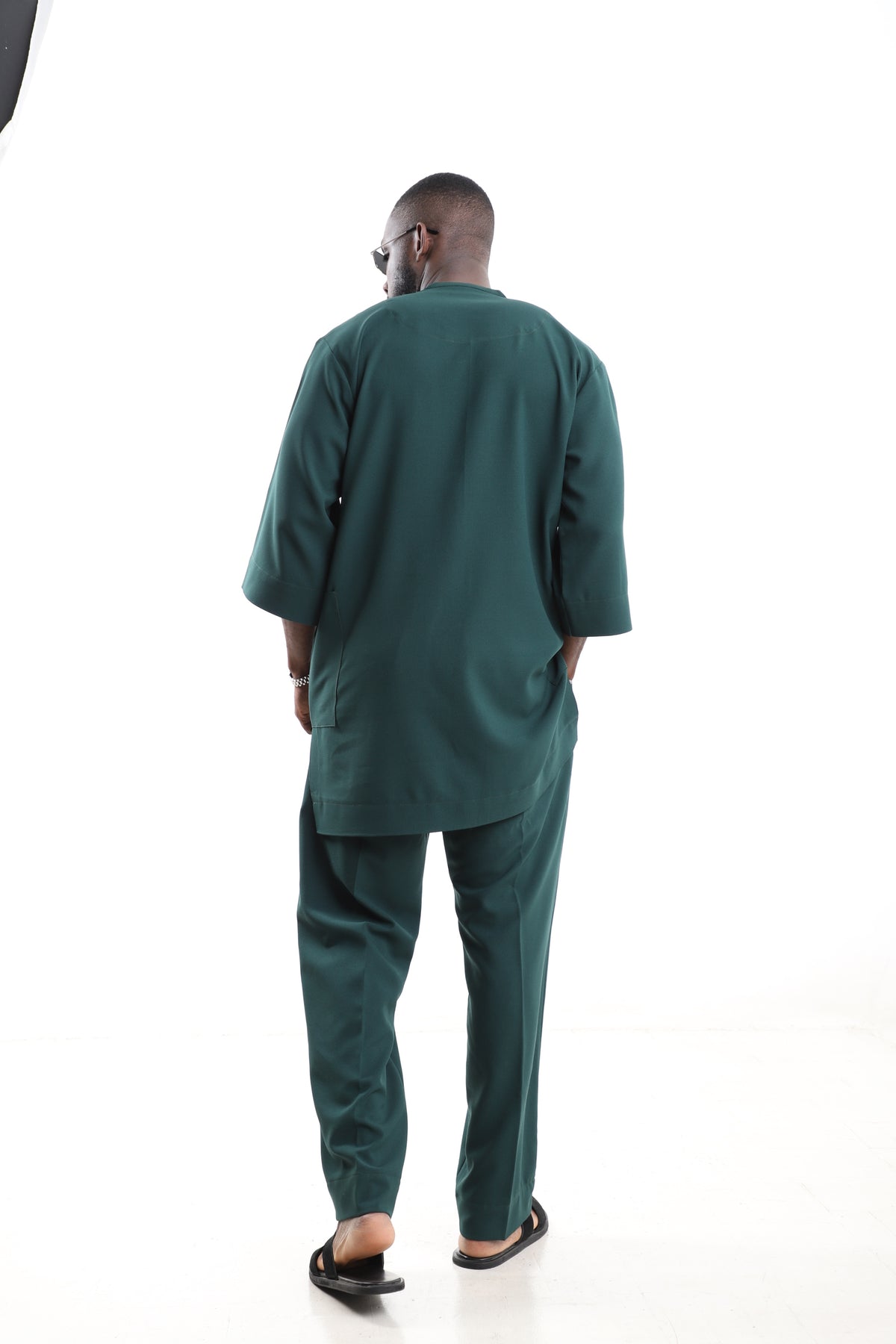 King Kaftan Minimalist Polished Cotton Emerald Green Senator Wear – Back View – African men's fashion Nigeria