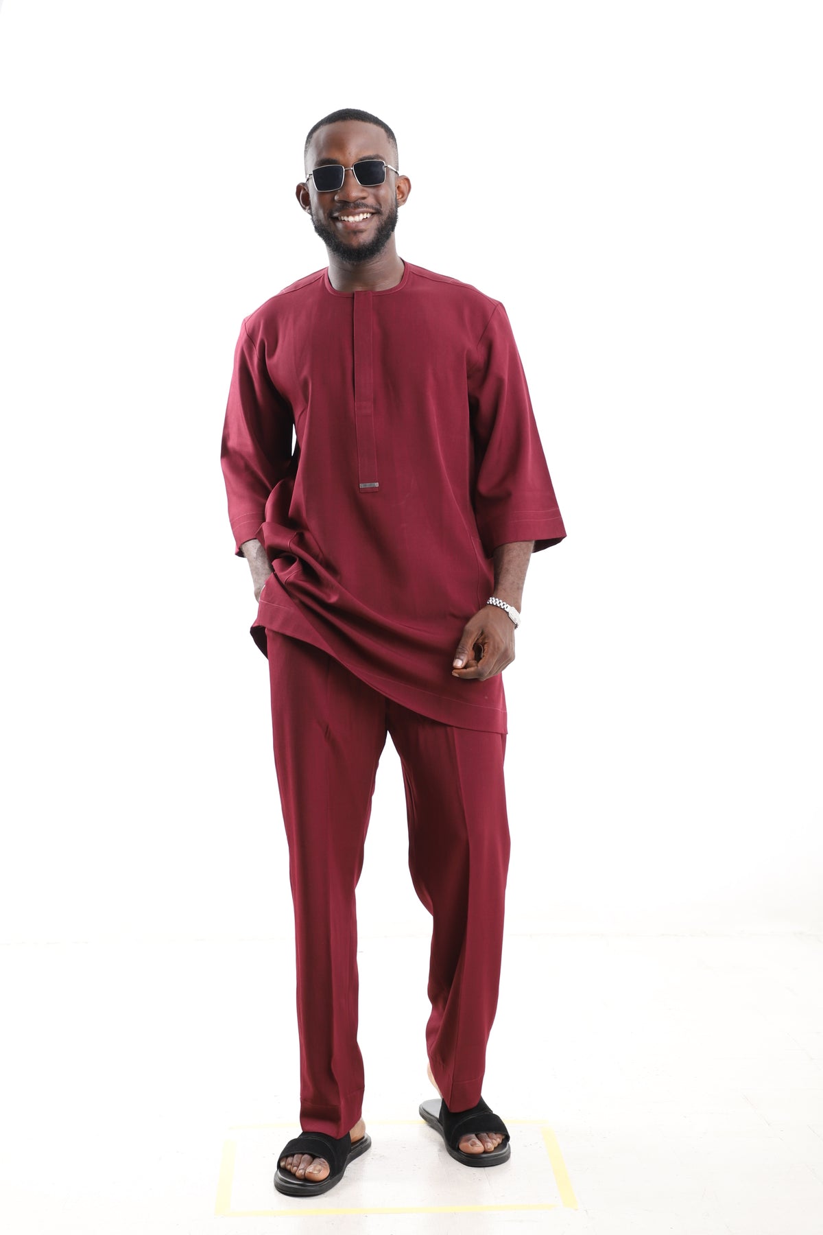 King Kaftan Minimalist Polished Cotton Maroon Senator Wear – Front View – African men's fashion Nigeria
