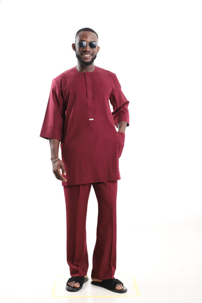 King Kaftan Minimalist Polished Cotton Maroon Senator Wear – Front View – African men's fashion Nigeria