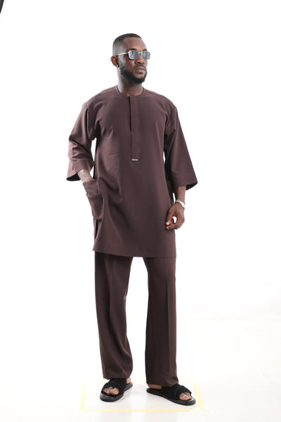 King Kaftan Minimalist Polished Cotton Chocolate Brown Senator Wear – Front View – African men's fashion Nigeria   