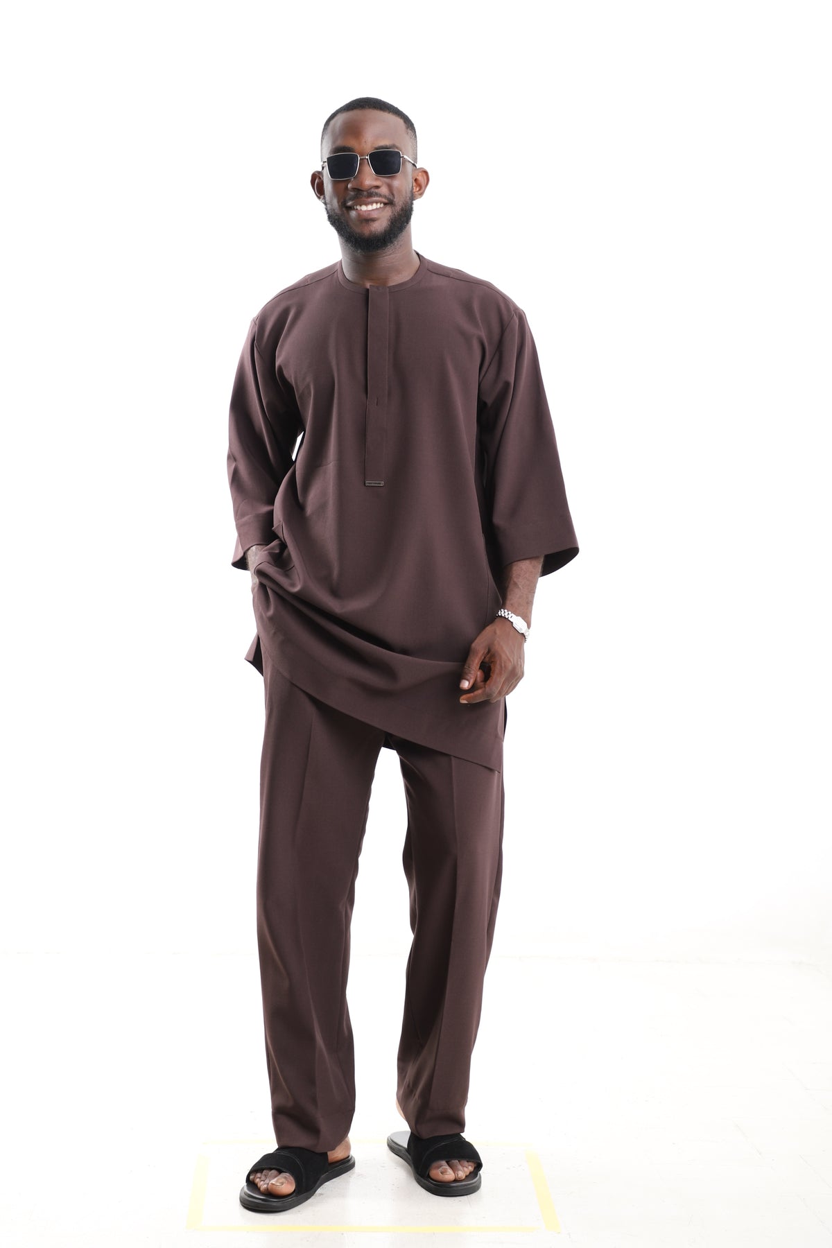 King Kaftan Minimalist Polished Cotton Chocolate Brown Senator Wear – Front View – African men's fashion Nigeria   