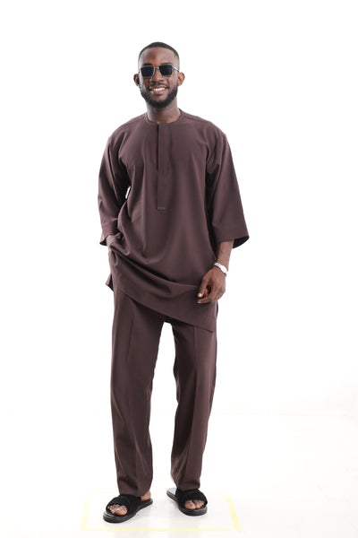 King Kaftan Minimalist Polished Cotton Chocolate Brown Senator Wear – Front View – African men's fashion Nigeria   
