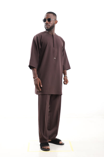 King Kaftan Minimalist Polished Cotton Chocolate Brown Senator Wear – Side View – African men's fashion Nigeria