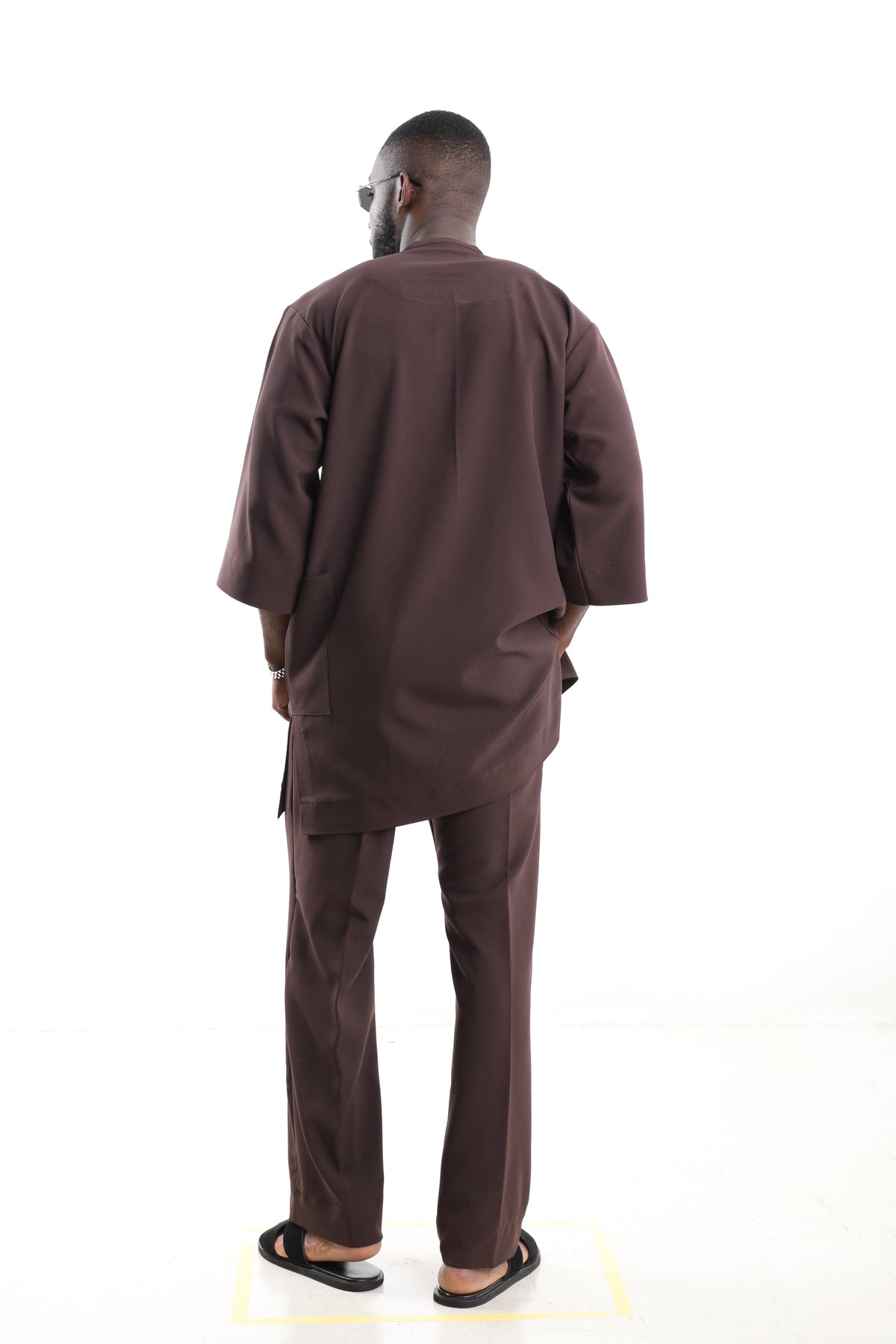 King Kaftan Minimalist Polished Cotton Chocolate Brown Senator Wear – Detail View – African men's fashion Nigeria