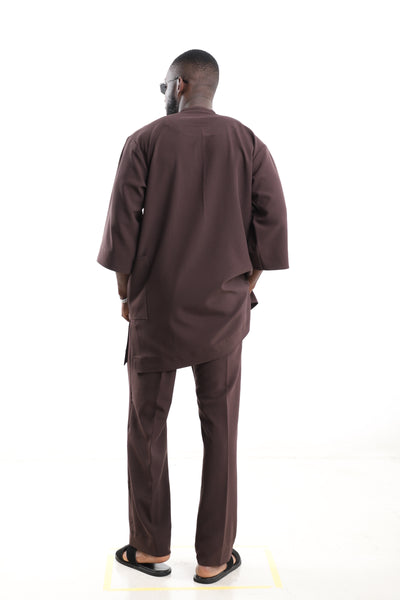 King Kaftan Minimalist Polished Cotton Chocolate Brown Senator Wear – Detail View – African men's fashion Nigeria