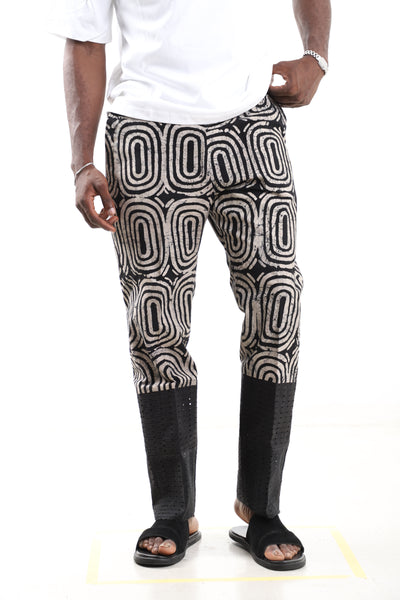 King Kaftan Concentric Ring Batik Cotton Black & Beige Adire Pants – Front View – African men's fashion Nigeria