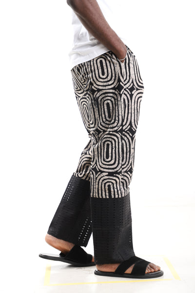 King Kaftan Concentric Ring Batik Cotton Black & Beige Adire Pants – Side View – African men's fashion Nigeria