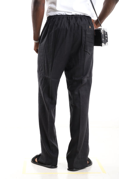 King Kaftan Drawstring Relaxed Fit Black Linen Pants – Back View – African men's fashion Nigeria