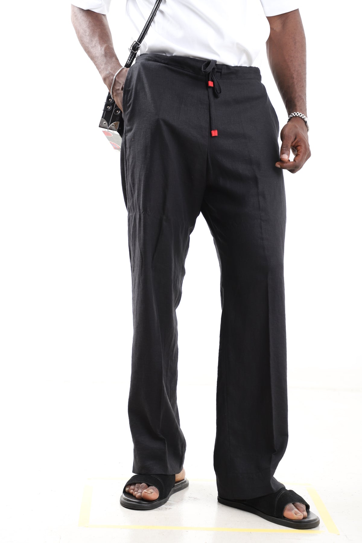 King Kaftan Drawstring Relaxed Fit Black Linen Pants – Front View – African men's fashion Nigeria