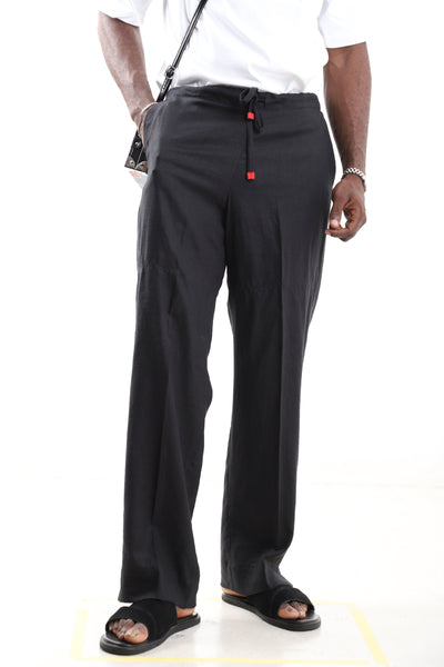 King Kaftan Drawstring Relaxed Fit Black Linen Pants – Front View – African men's fashion Nigeria   