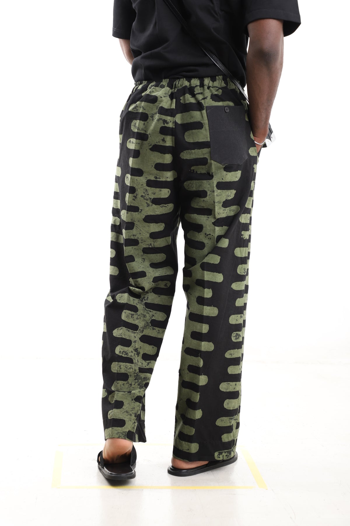 King Kaftan Vertical Stripe Batik Cotton Olive & Black Adire Pants – Back View – African men's fashion Nigeria