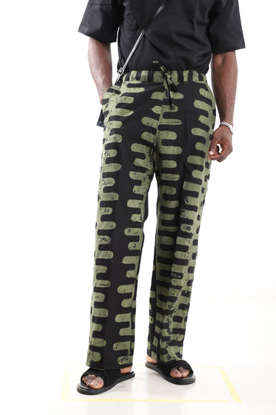 King Kaftan Vertical Stripe Batik Cotton Olive & Black Adire Pants – Front View – African men's fashion Nigeria