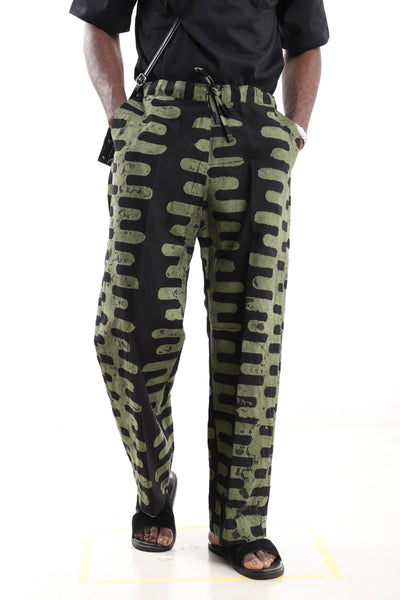 King Kaftan Vertical Stripe Batik Cotton Olive & Black Adire Pants – Front View – African men's fashion Nigeria