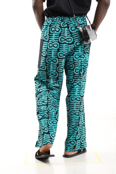 King Kaftan Geometric Print Cotton Turquoise & Black Adire Pants – Back View – African men's fashion Nigeria
