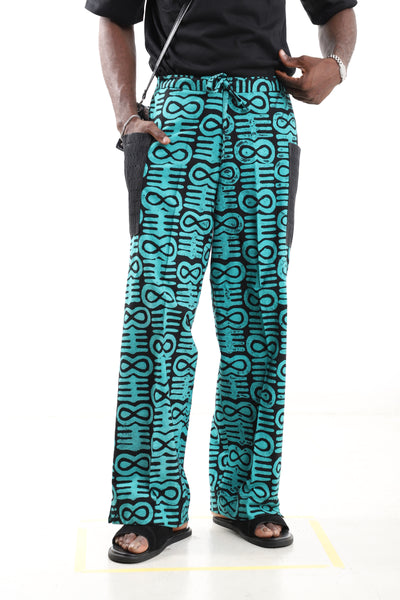 King Kaftan Geometric Print Cotton Turquoise & Black Adire Pants – Front View – African men's fashion Nigeria