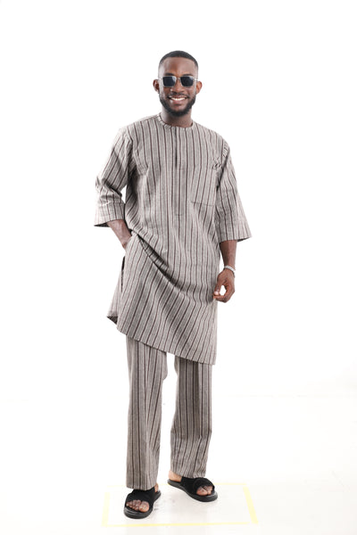 King Kaftan Striped Textured Linen Set – Front View – African men's fashion Nigeria   