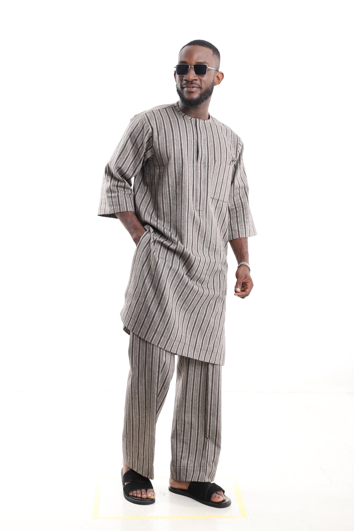 King Kaftan Striped Textured Linen Set – Side View – African men's fashion Nigeria   