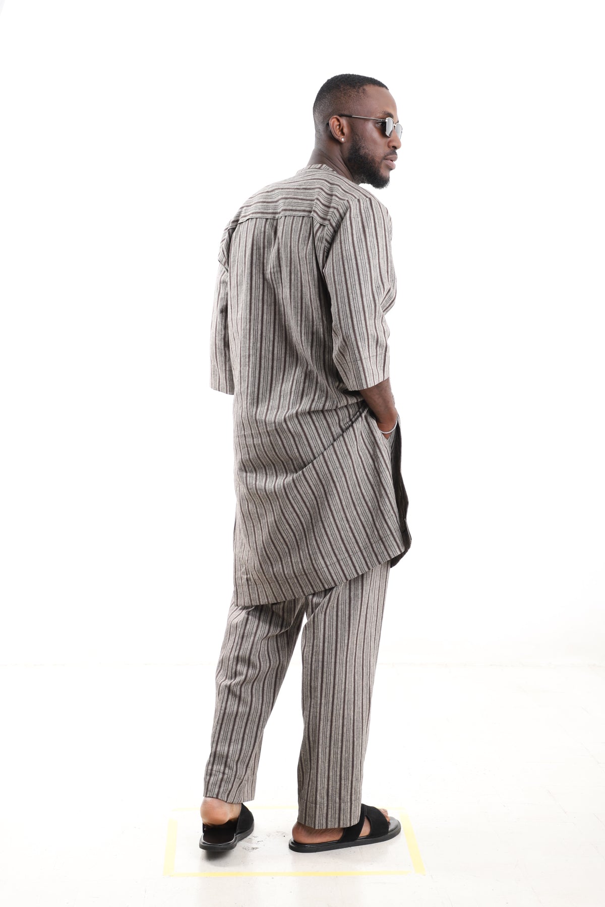 King Kaftan Striped Textured Linen Set – Back View – African men's fashion Nigeria