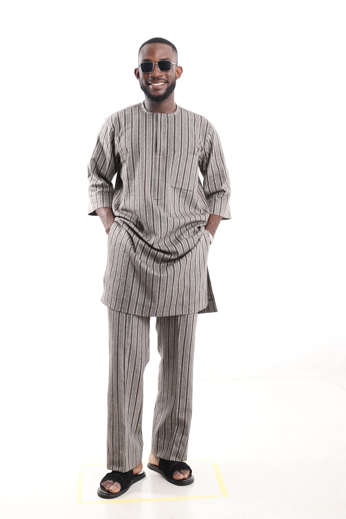 King Kaftan Striped Textured Linen Set – Front View – African men's fashion Nigeria