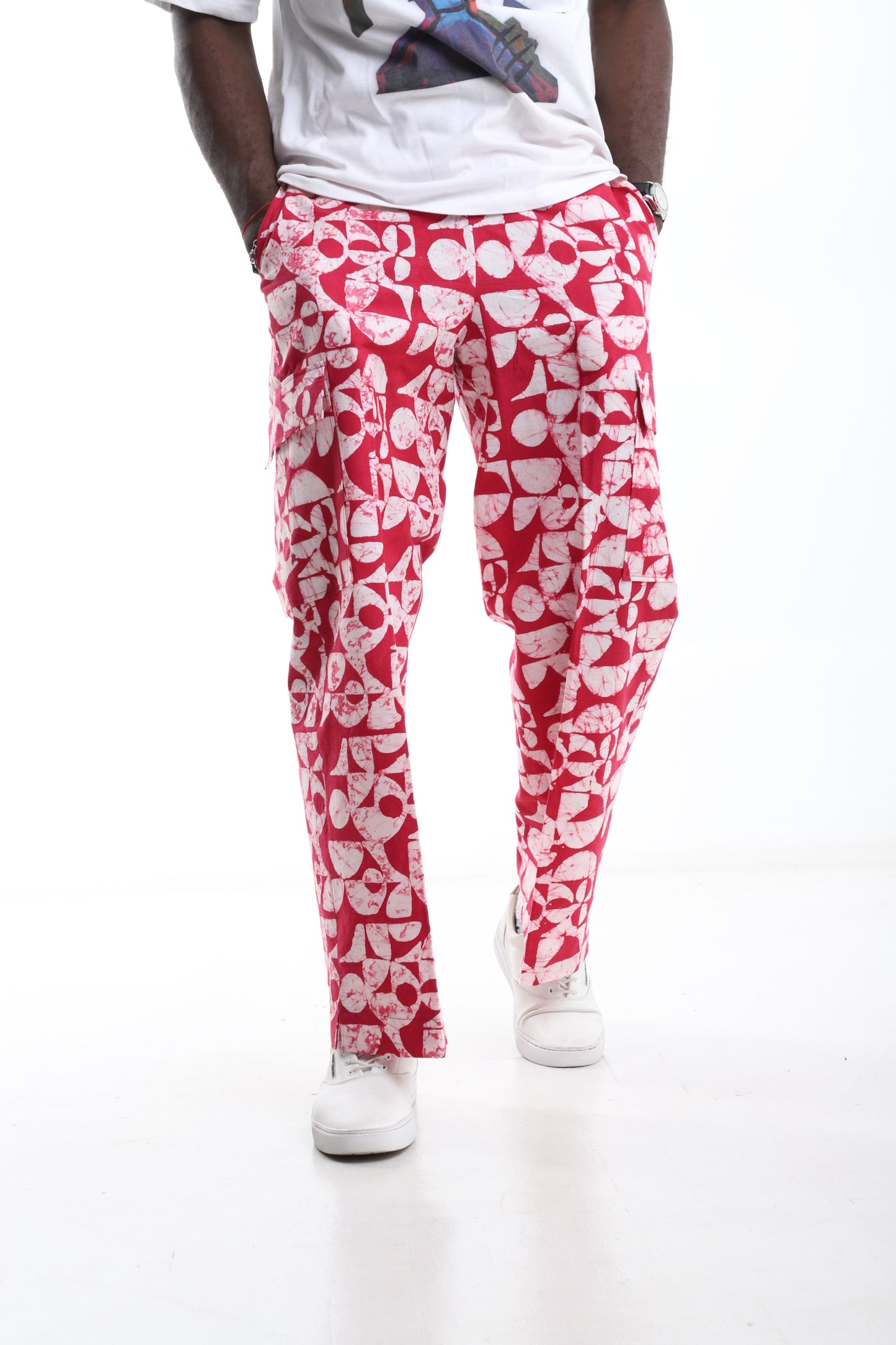 Bold Red Adire Cargo Trousers – Hand-Dyed Streetwear Statement