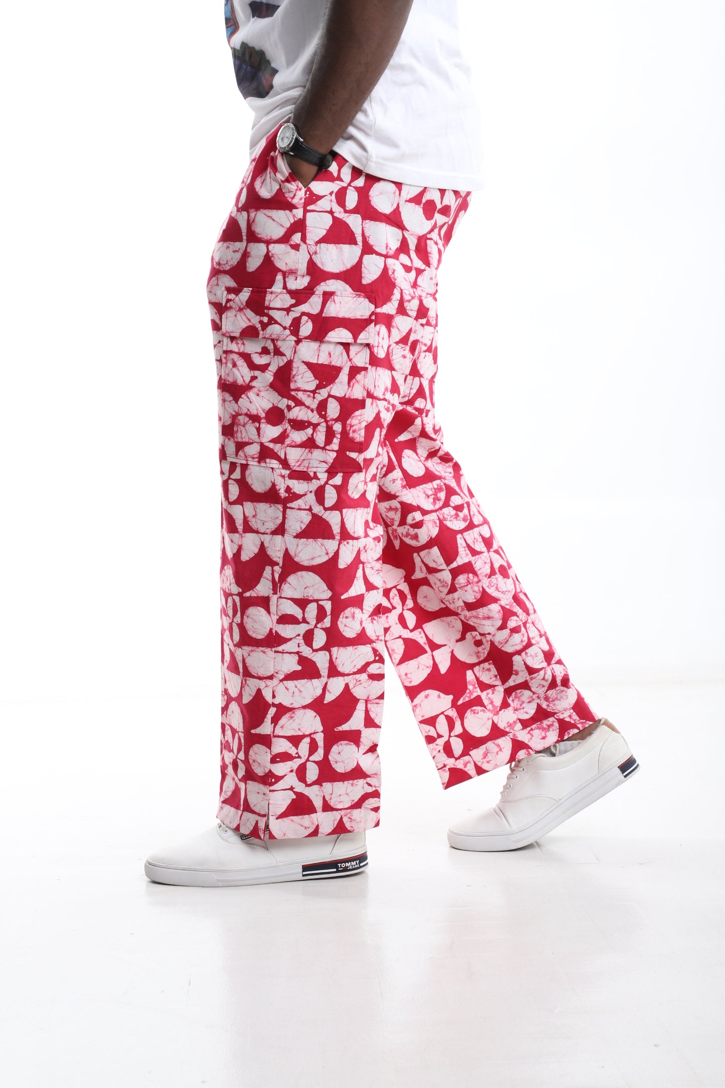 Bold Red Adire Cargo Trousers – Hand-Dyed Streetwear Statement