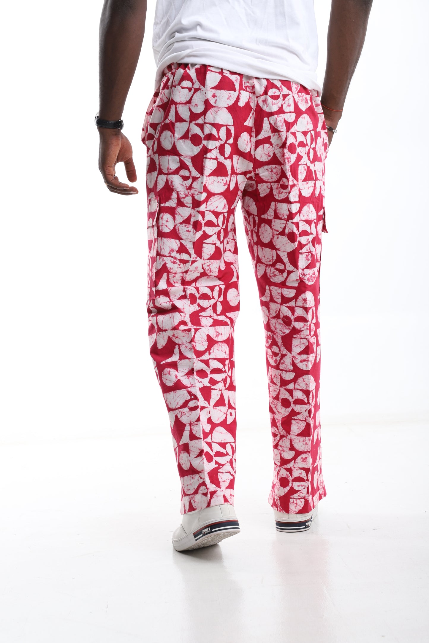 Bold Red Adire Cargo Trousers – Hand-Dyed Streetwear Statement