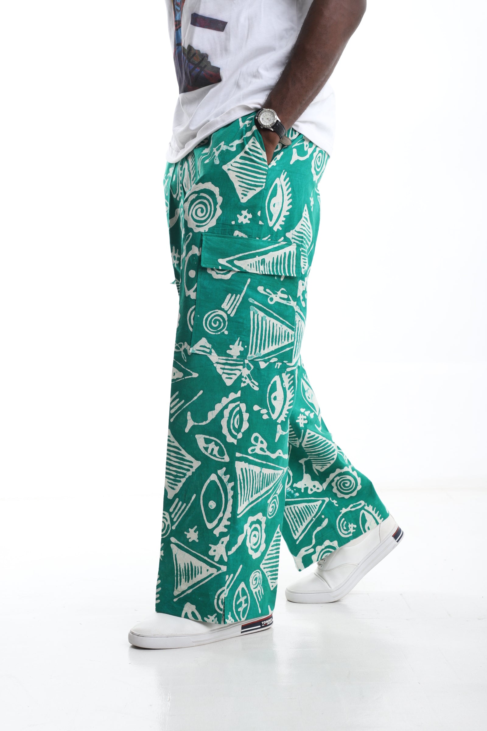 Bold Red Adire Cargo Trousers – Hand-Dyed Streetwear Statement