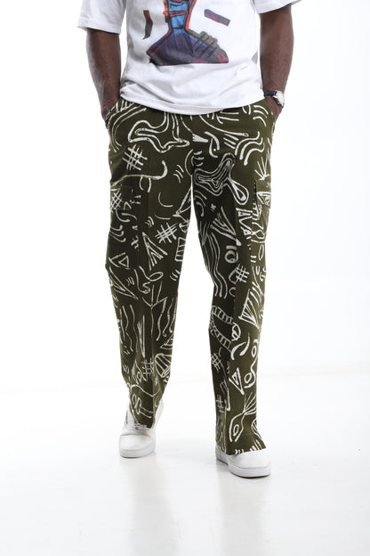 Olive Green Adire Cargo Trousers