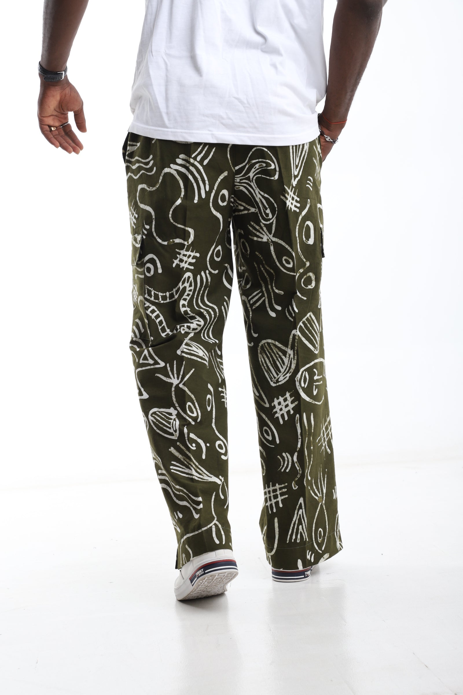 Olive Green Adire Cargo Trousers