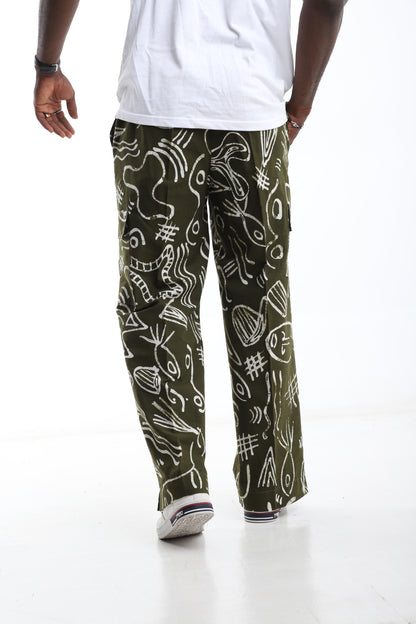 Olive Green Adire Cargo Trousers