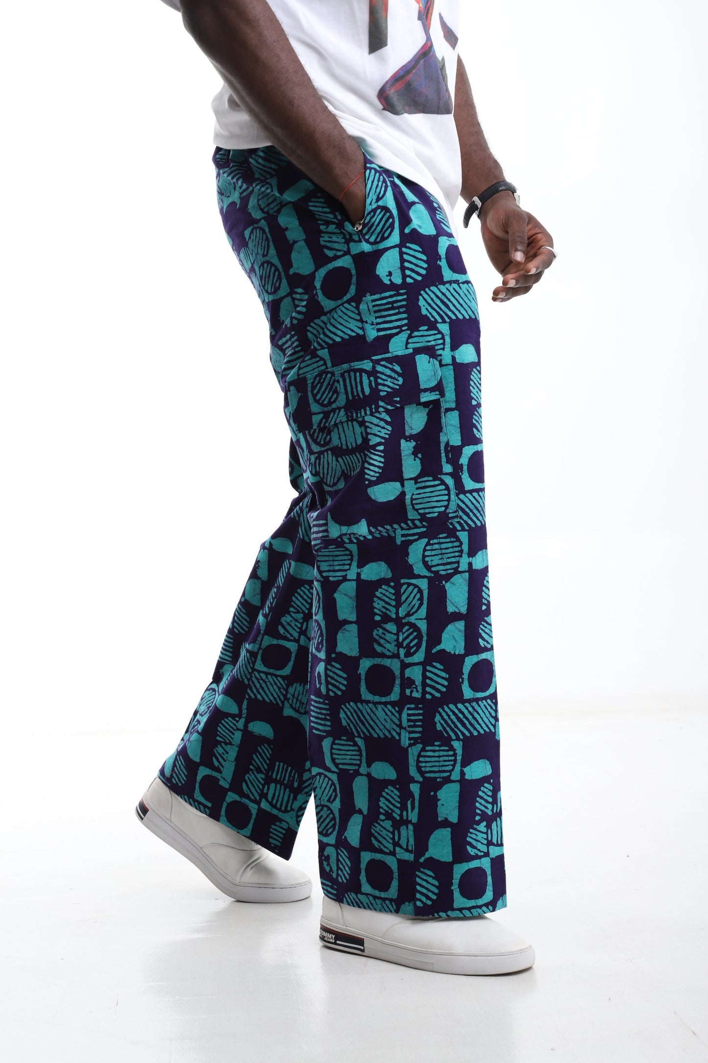 Indigo &amp Turquoise Adire Cargo Trousers