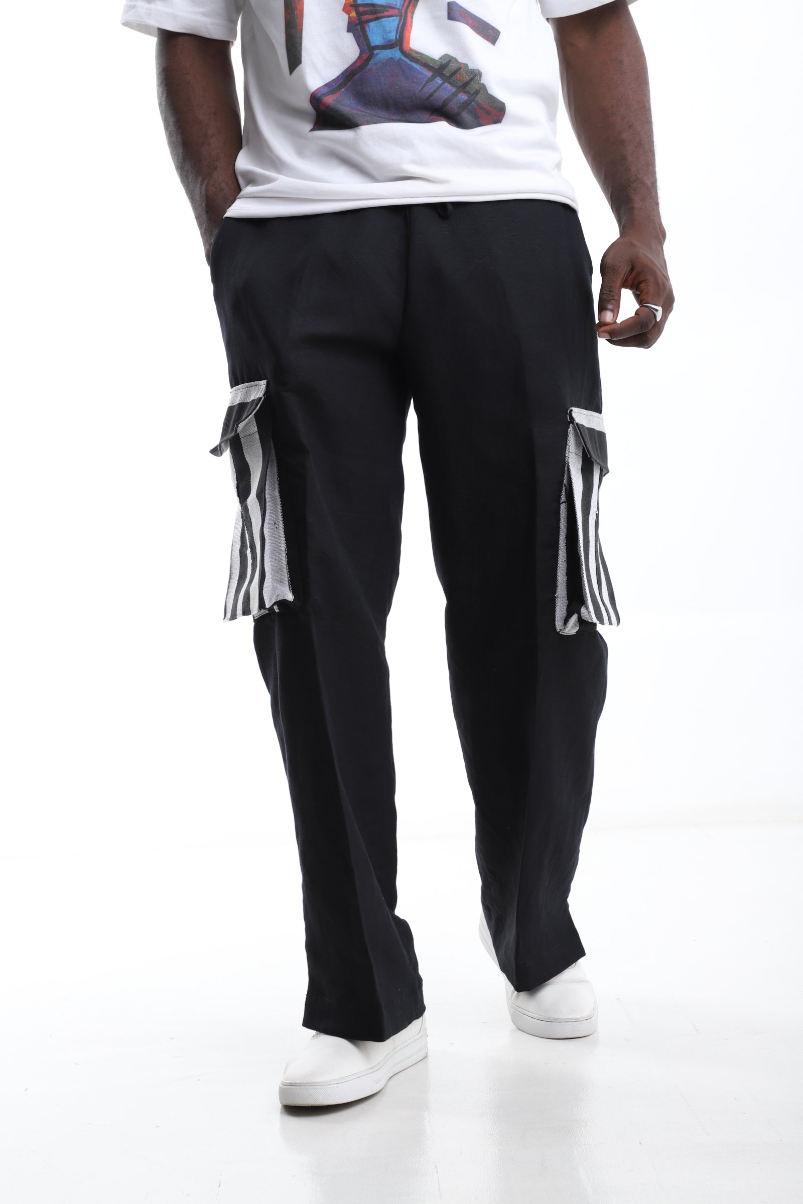 Black Linen x Aso-Oke Cargo Trouser