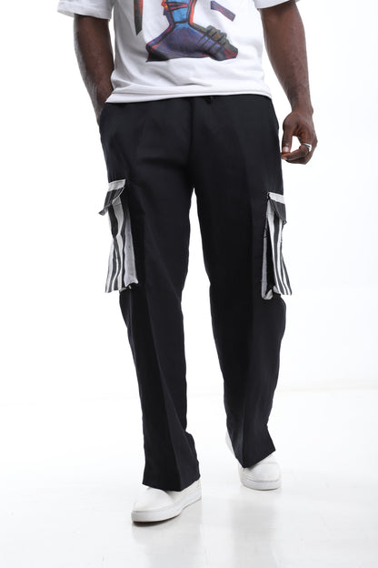 Black Linen x Aso-Oke Cargo Trouser