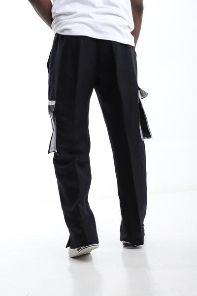 Black Linen x Aso-Oke Cargo Trouser