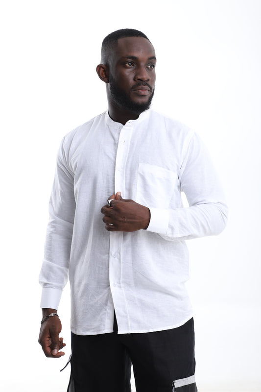 White Linen Grandad Collar Shirt