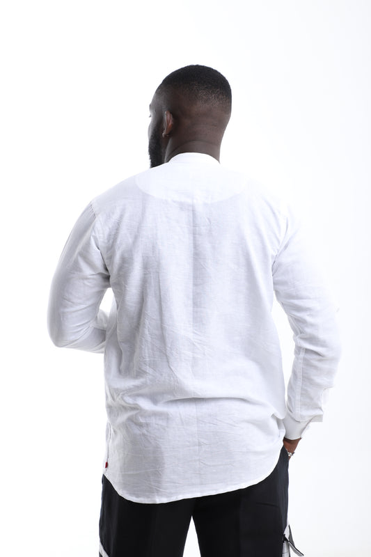 White Linen Grandad Collar Shirt