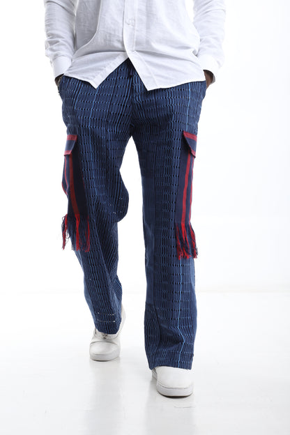 Exclusive Aso-Oke Trouser – Navy &amp; Crimson Fringe Detail