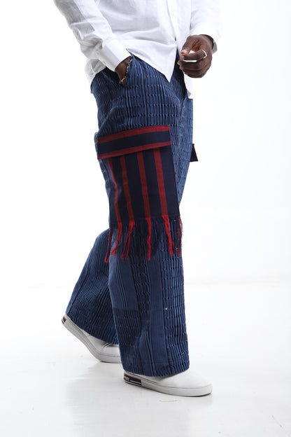 Exclusive Aso-Oke Trouser – Navy &amp; Crimson Fringe Detail