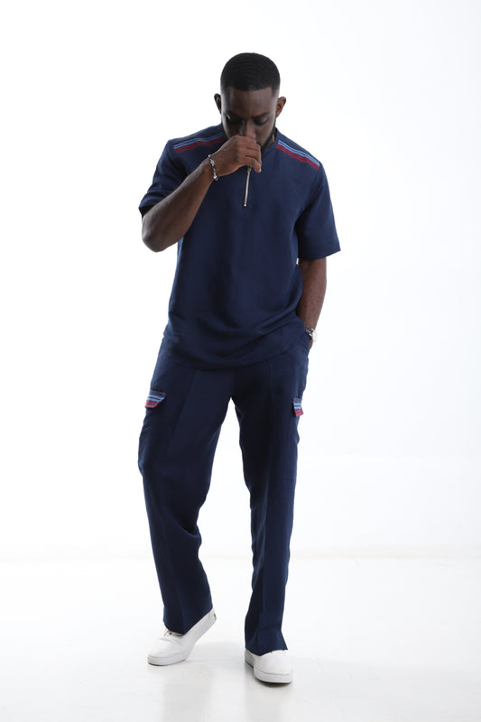 Navyblue Linen Two-Piece with Aso-Oke Detail