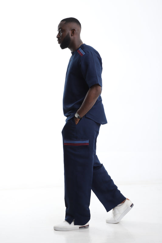 Navyblue Linen Two-Piece with Aso-Oke Detail