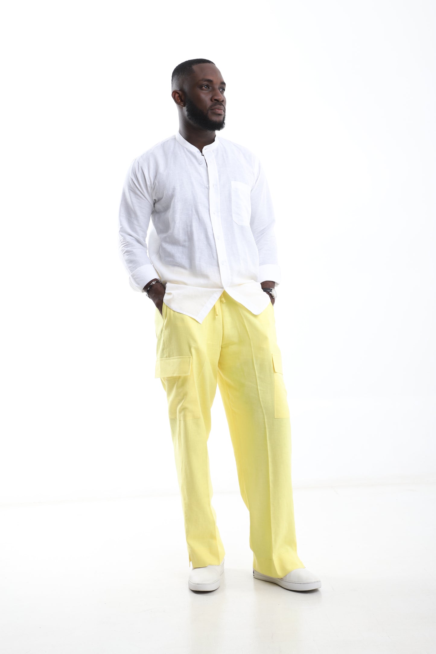 White Linen Shirt & Lemon Yellow Cargo Trouser