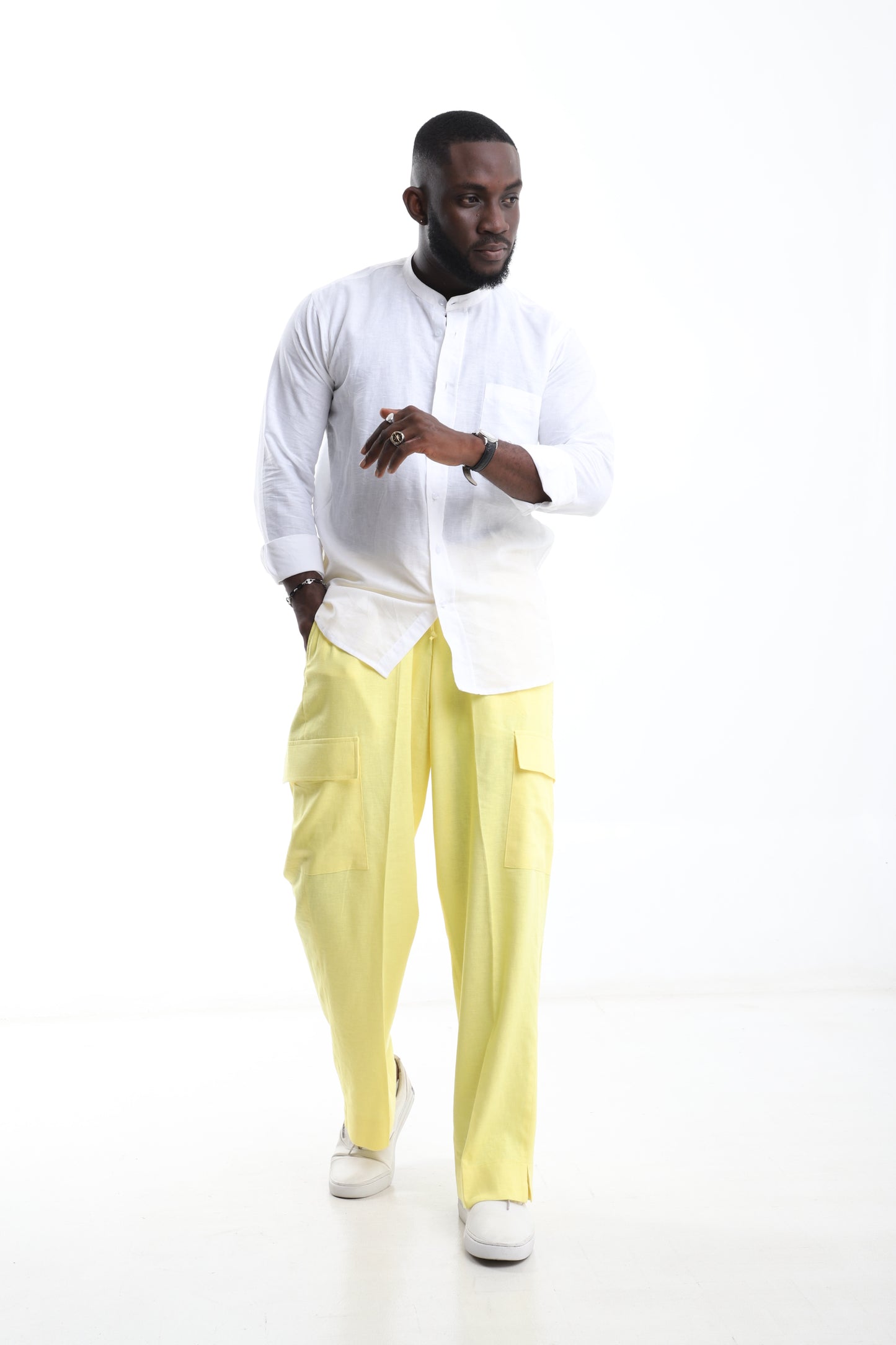White Linen Shirt & Lemon Yellow Cargo Trouser