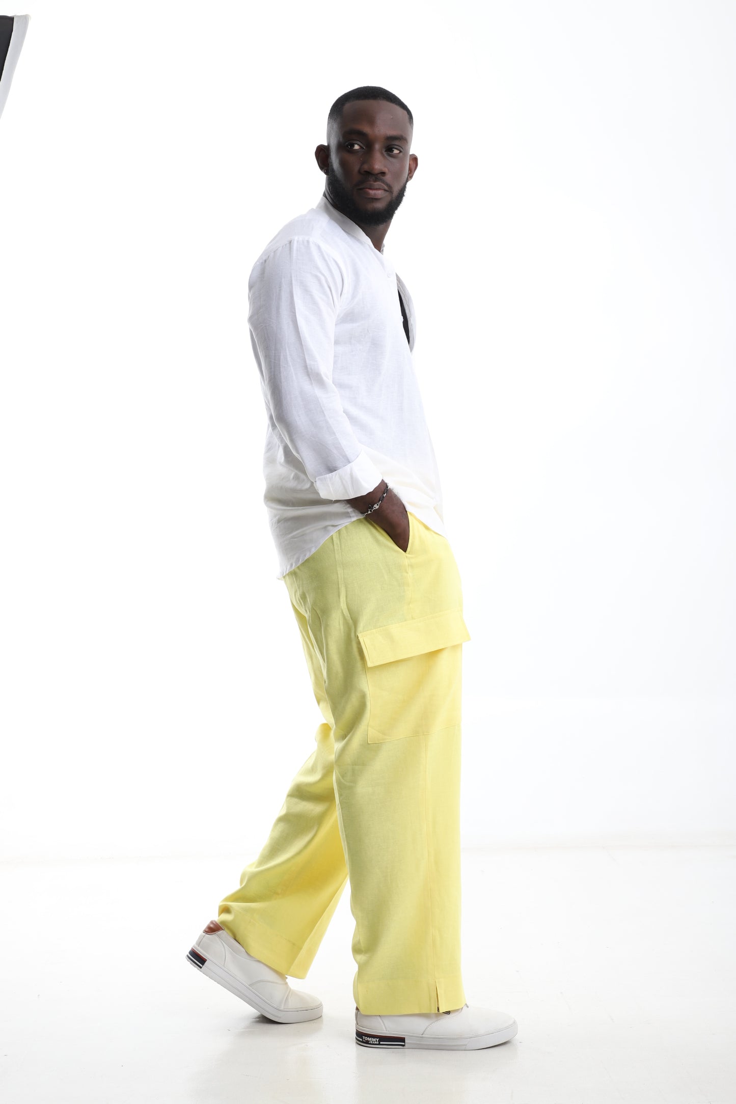 White Linen Shirt & Lemon Yellow Cargo Trouser