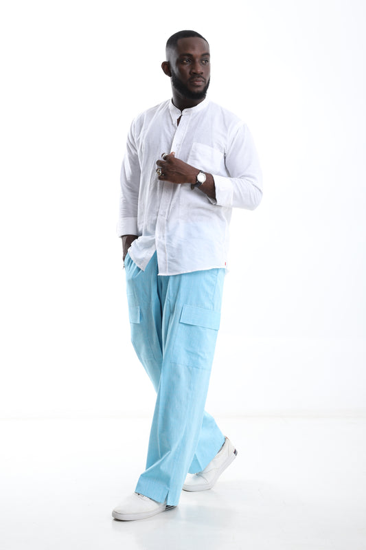 White Collarless Linen Shirt & Skyline Blue Trouser Set