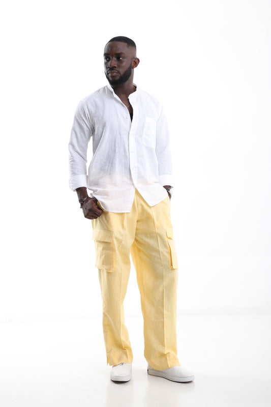 White Mandarin Collar Shirt & Yellow Linen Trouser Set